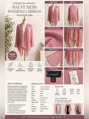 Connected Apparel Mauve Mesh‎ Waterfall Cardigan Plus Size 24W NEW